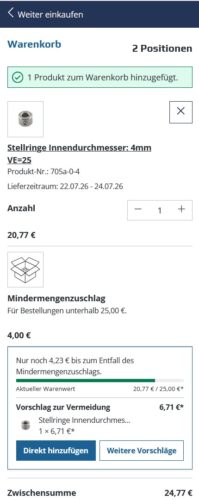 Mindermengenzuschlag mit Vorschlägen